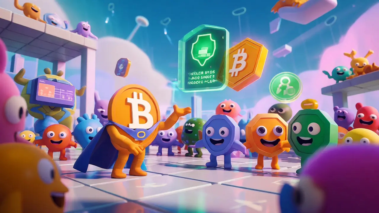 Cartoon crypto characters participating in a lively DeFi marketplace.