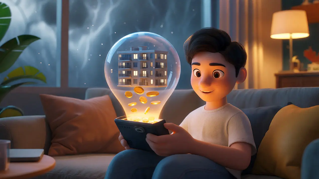 Character holding a digital wallet receiving automatic rent payments from a mini apartment