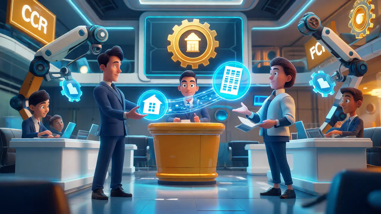 Characters exchanging holographic property icons via glowing data streams in a tech hub