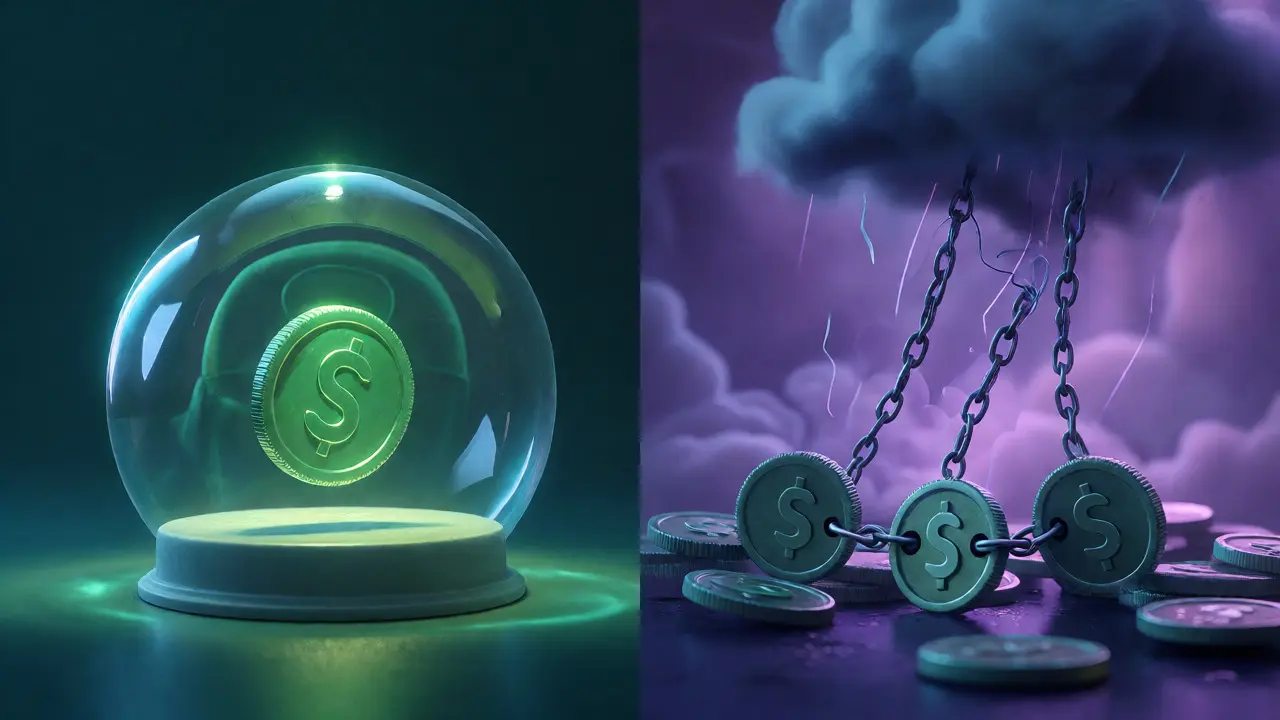 Coin protected by a bubble next to chained coins breaking under storm pressure.