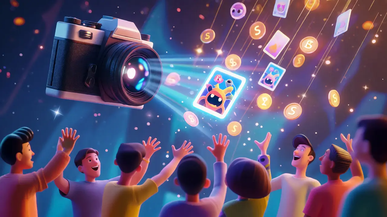 Magical camera capturing NFTs while tokens rain down to users