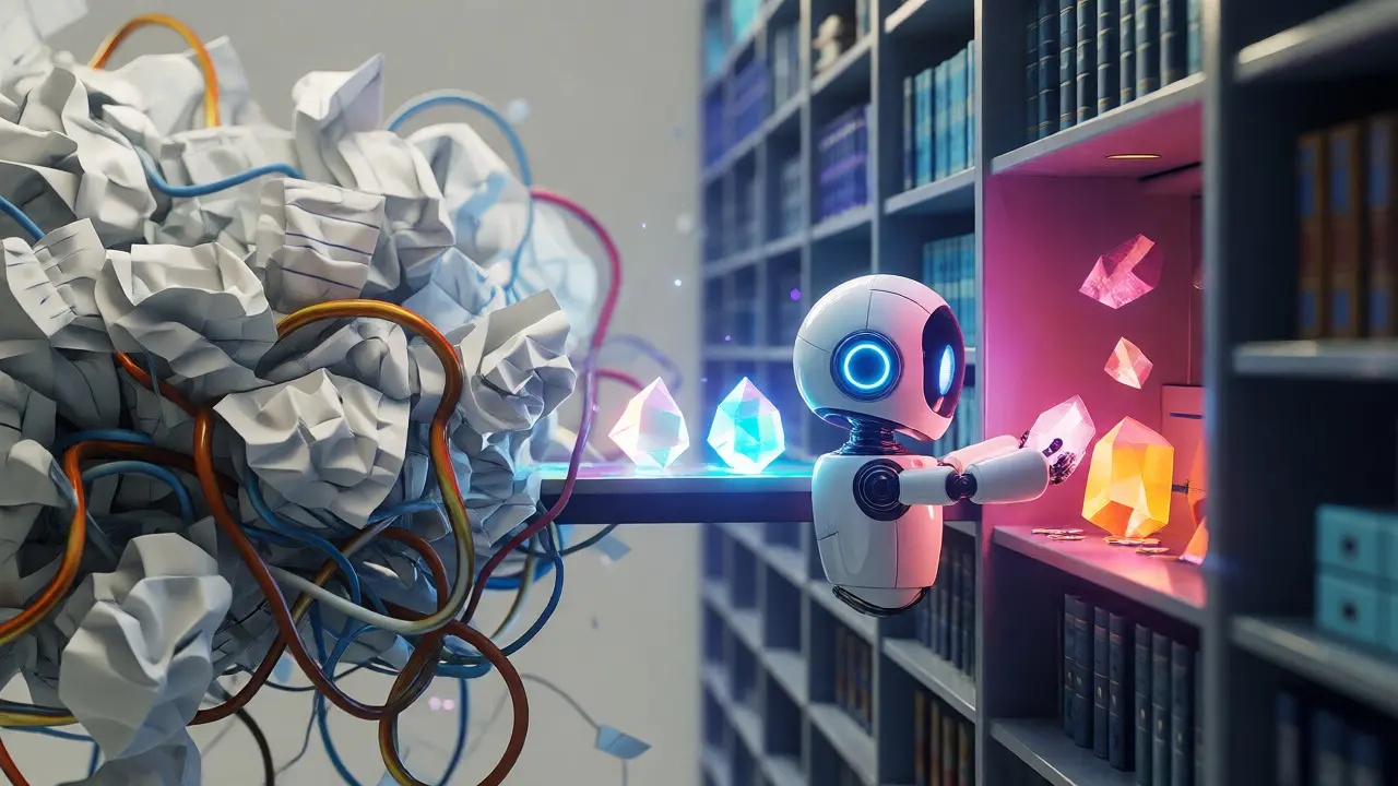 Robot sorting verified data crystals, contrasting messy resumes with organized Web3 identity.