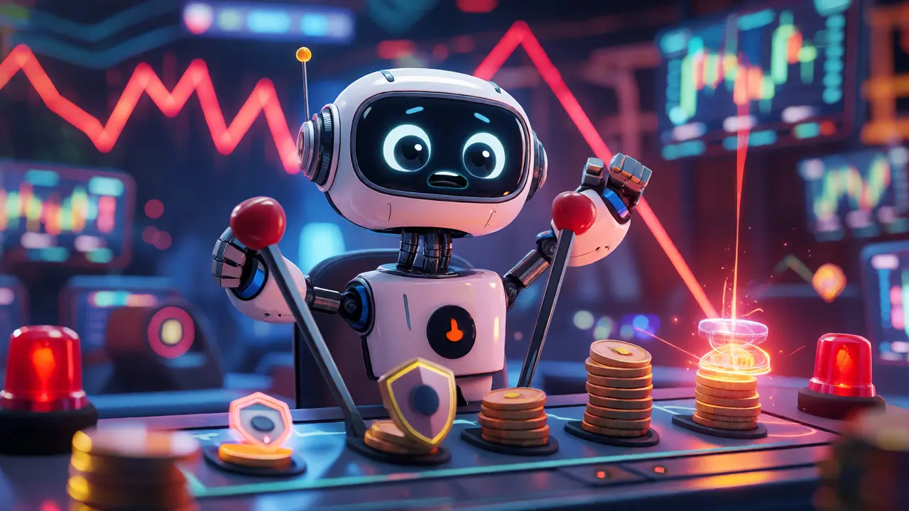 Robot trader managing levers during a market crash with red warning lights.