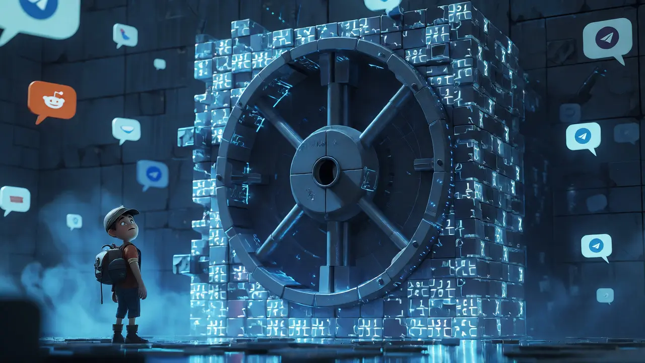 Small adventurer facing a massive digital vault symbolizing security risks