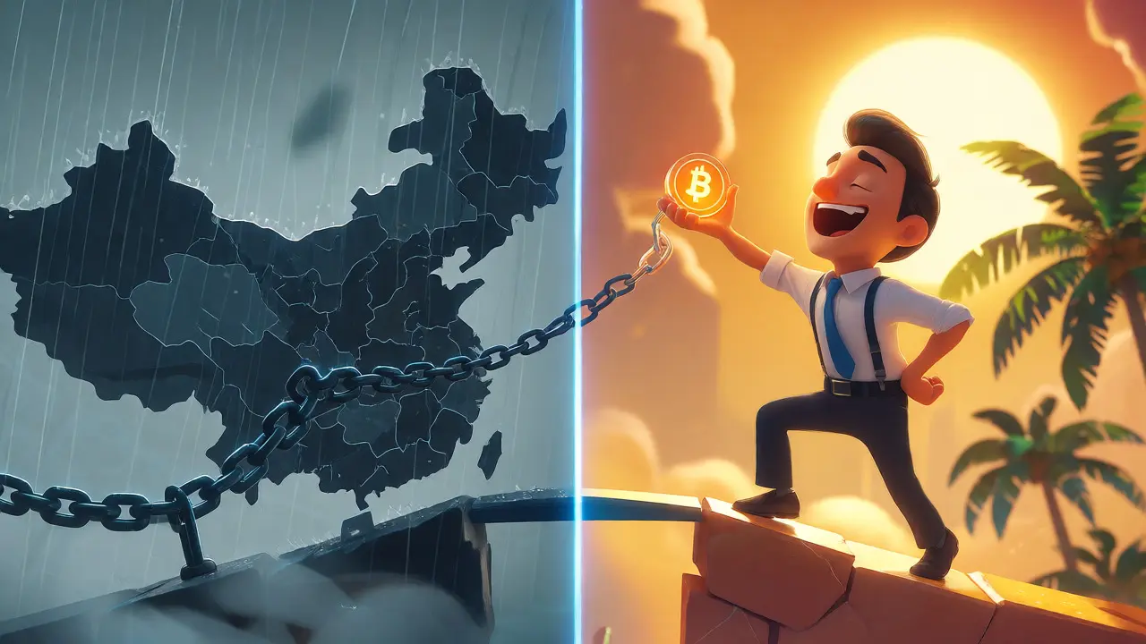 Split view of gloomy restricted China and sunny free crypto hubs like Dubai.