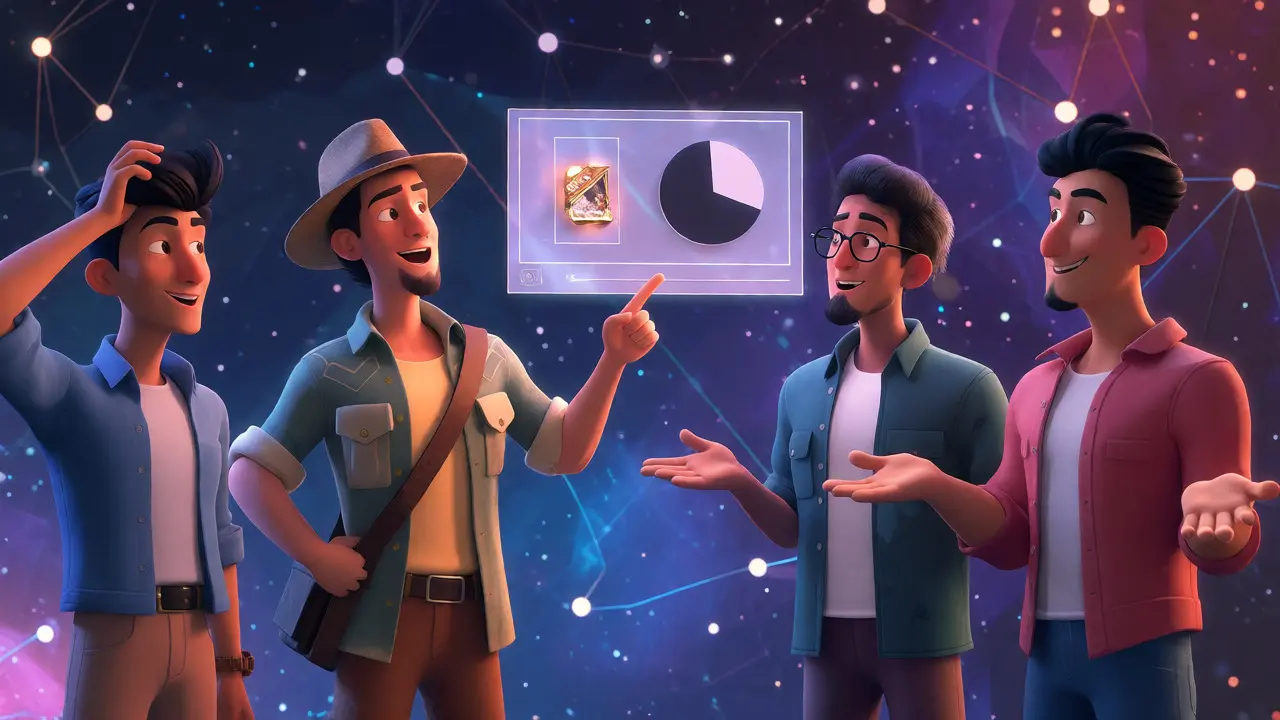 Three cartoon crypto users analyzing a niche DeFi interface with mixed reactions