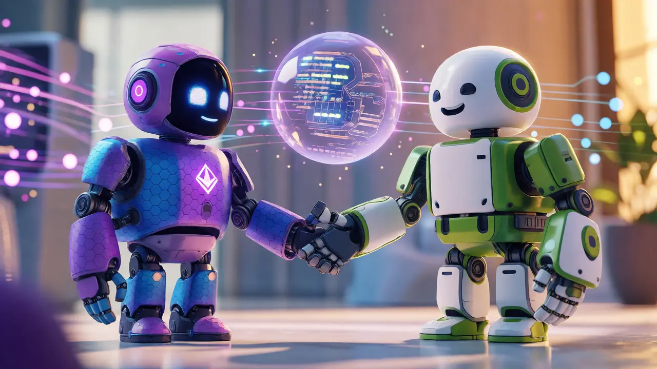 Two robots representing Ethereum and Cosmos shaking hands around a central data sphere.